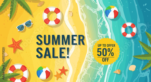 A vibrant summer sale promotion banner showcasing beach essentials like lifebuoys, beach balls, and sunglasses on a sandy shore with ocean waves.