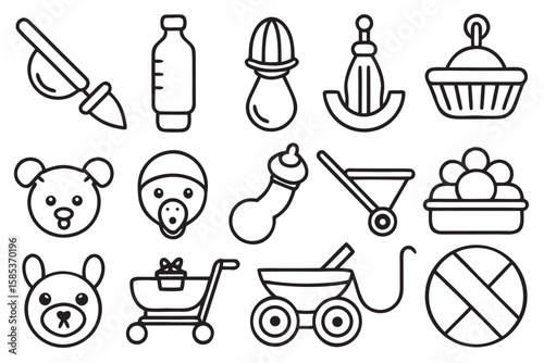 Collection of baby and child care icons in black outline on white background baby bottle baby carriage