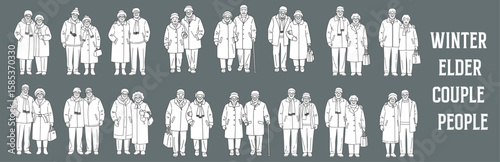 Architectural Drawings winter elder couple People vector illustration, front view, human person Minimal style hand drawn. Sections, Elevations, Floor Plans