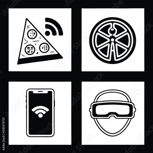 Black and white icons of pizza wifi smartphone and V R headset slice signal