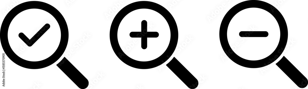 Obraz premium Searching success icons Zoom In and Zoom Out icons. Search icons. Magnifying Glass icons. Searching success icons. magnifier with plus and minus. loupe with check mark sign.