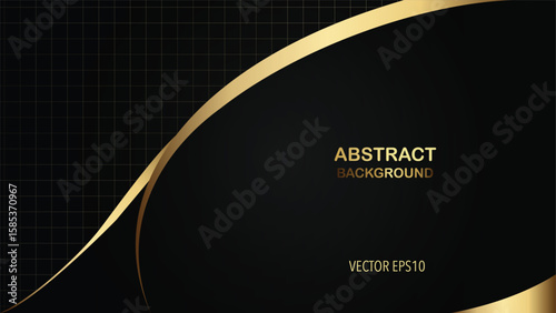 Modern abstract background with flowing gold curves against a dark black backdrop with a subtle grid.