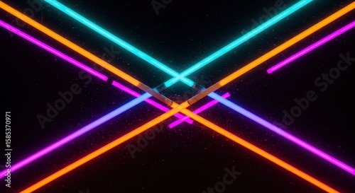Neon lines converge in the night, creating a futuristic, abstract design with cyan, orange, and magenta illumination.