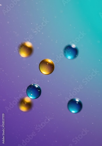 Floating spheres in blue and gold hues create an ethereal, colorful abstract design suitable for backgrounds and artistic compositions.