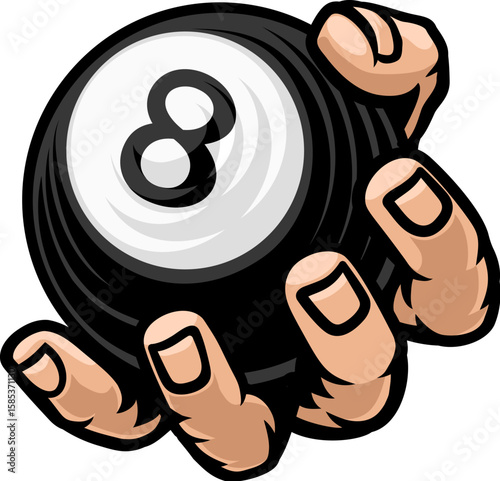 A mascot person hand or fist holding a pool or billiards 8 billiard black ball