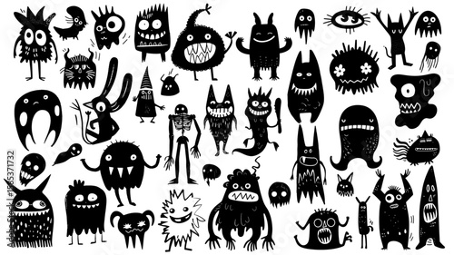 Doodle black linocut cute monsters , grunge strange monster vector set.