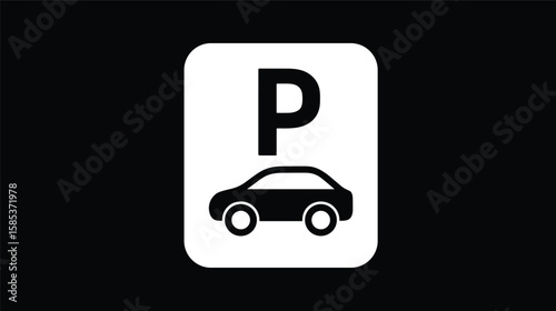 Sign indicating a designated parking area for vehicles, featuring a stylized car icon and a capital letter P.