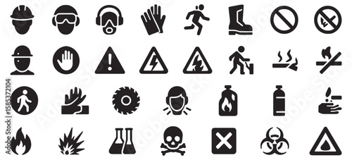 Industrial Safety Label Glyph Icons – Bold and Unique Black Vector Symbols for Workplace Hazards, PPE, Warning Signs, and Compliance Labels
