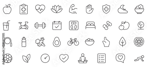 Healthy Lifestyle & Wellness Line Icons Pack – Vector Icons for Fitness, Nutrition, Mindfulness, Mental Health, and Holistic Wellbeing Design Projects