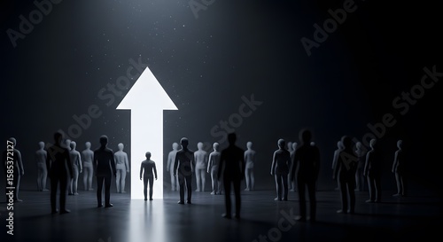 Leadership Concept with Glowing Up Arrow and Crowd