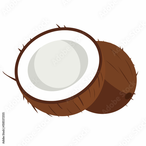 Showing ripe coconut and half coconut. Fresh coconut provides a delicious treat and healthy food on beach. Delicious coconut dessert is an icon of island vacation and healthy diet.