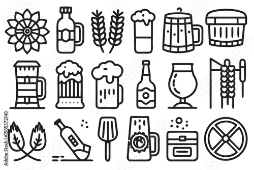 Collection of black line art icons related to beer and brewing vector