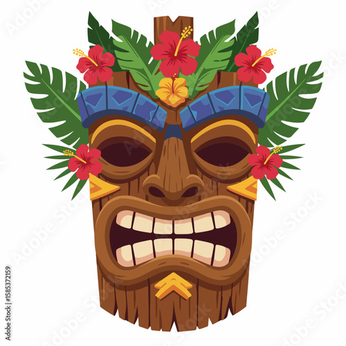 Tiki mask with tropical flowers isolated on white background, handcrafted wooden sculpture. Tiki mask features hibiscus blossoms and lush monstera leaves, evoking Polynesian tradition.