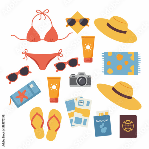 Summer vacation accessories laid out for travel planning, ideal summer vacation accessories include swimwear, sunglasses, sunblock, hats, and tickets.