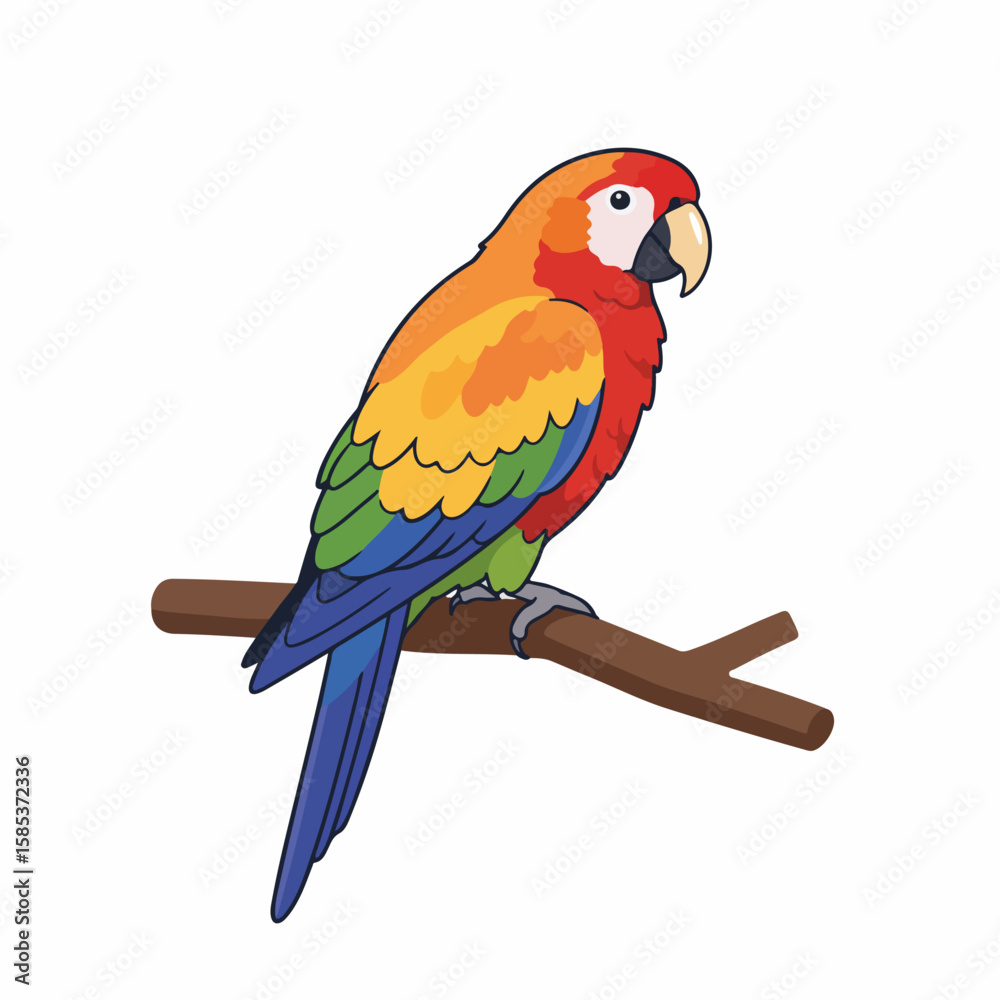 Fototapeta premium Scarlet macaw illustration, vividly colored parrot perched on branch. Vibrant scarlet macaw illustration showcases its plumage and natural habitat.