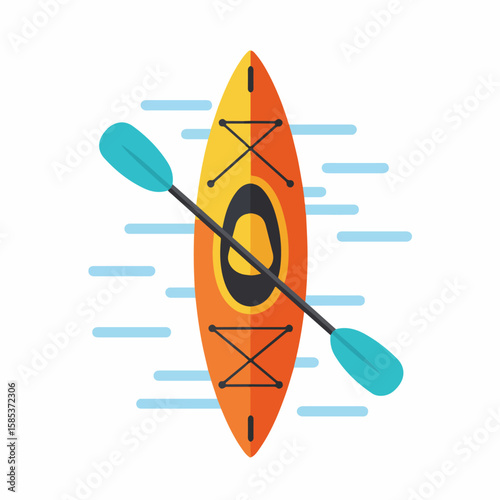 Orange kayak sailing on water. Isolated kayak illustrates summer activity, fun, water transportation. Modern kayak sailing shows summer enjoyment for recreational activities,