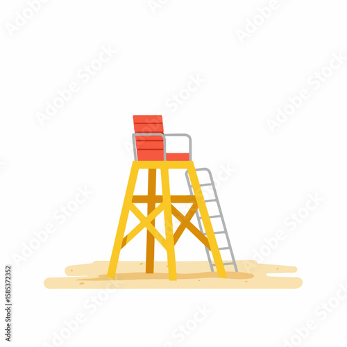 Lifeguard chair on beach, providing safety with its elevated viewpoint. Lifeguard chair ensures clear visibility for surveillance, featuring distinctive yellow frame and red seat.