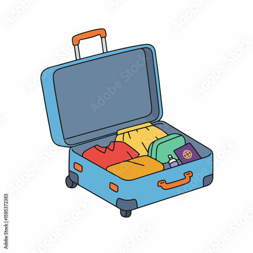 Packing suitcase with clothes and passport for vacation travel, showcasing open luggage ready for travel destination. Packing suitcase for journey includes shirt, pants,