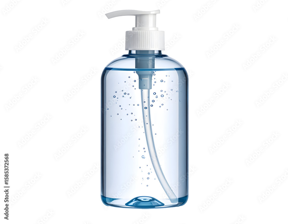 Fototapeta premium Clear plastic bottle with pump dispenses liquid with bubbles. Isolated transparent background