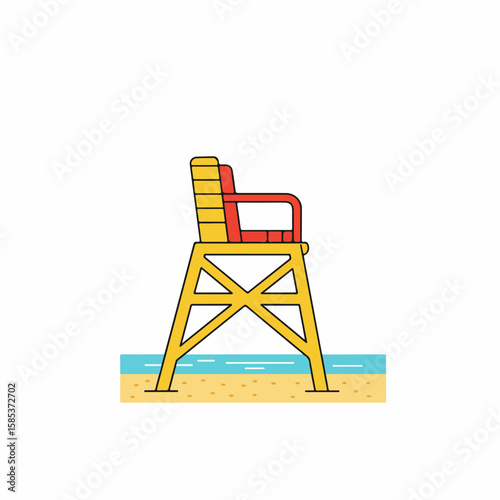 Lifeguard chair at beach overlooking ocean, minimal design illustration. Lifeguard chair design features bright yellow and red on a simplistic stand against a horizon,