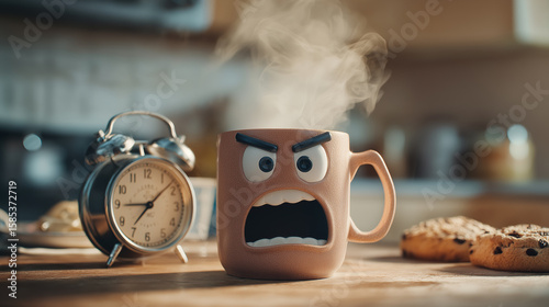 angry coffee mug yelling at alarm clock on a kitchen table