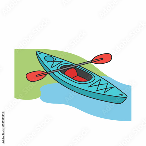 Kayak illustration on water with paddle for outdoor recreation. This kayak illustration depicts water sport enjoyment, showcasing paddling on calm water.