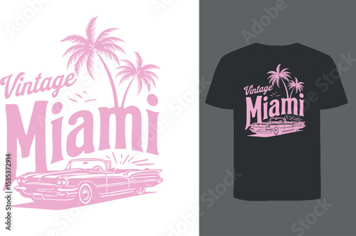 Retro Pink and White "Vintage Miami" T-Shirt Design Featuring a Classic Convertible Car and Palm Trees Vector. South Beach Style, Tropical Vacation, 1950s Aesthetic, Florida Getaway