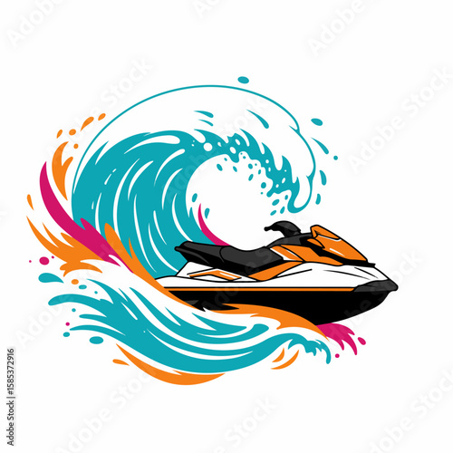 Jet ski illustration with orange and black jet ski facing forward near a vibrant wave. Jet ski offers exhilarating water sport activity.