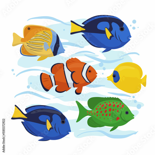 Six colorful fish, vibrant underwater creatures, swim together in animated aquatic environment. Diverse fish school boasts bright patterns and hues, animated and eye-catching.