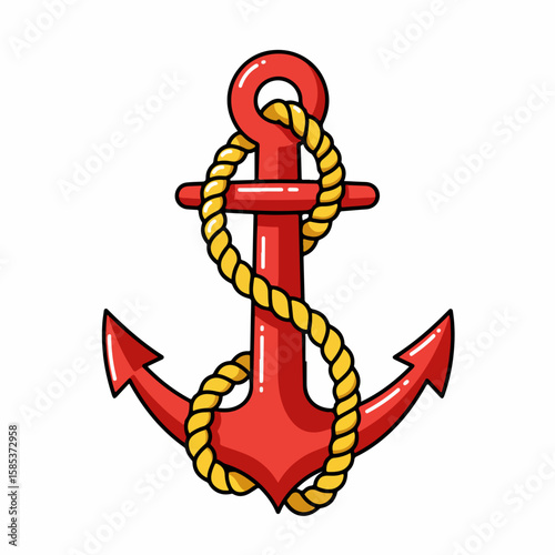 Red anchor with rope illustrated on clean white background, presenting classic nautical theme. Anchor with rope detailing evokes a sense of maritime tradition. A decorative anchor with rope,