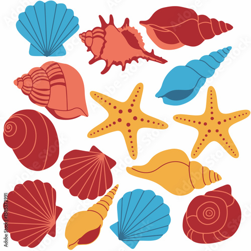 Seashells collection with different shapes in blue, red, and yellow. Seashells collection includes diverse types of shells and starfish, scattered randomly, creating an eye-catching arrangement.