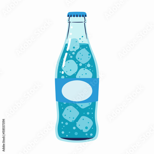Fresh drink bottle with ice cubes for summer refreshment. Glass bottle of iced drink provides cool hydration, quenching thirst with chilled water.