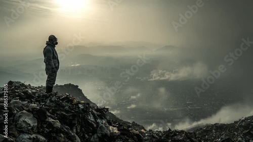 Solitude on the Horizon: A lone figure stands atop a rocky peak, gazing out at a misty vista, embodying introspection and the vastness of the landscape.
