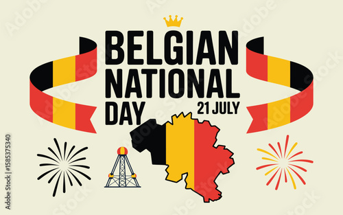 Celebrate Belgian National Day with festive colors, featuring a map, ribbon, and fireworks for a patriotic design.