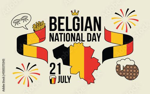 Celebrate Belgian National Day with vibrant vector art featuring flags, fries, waffles, and fireworks for a festive occasion.
