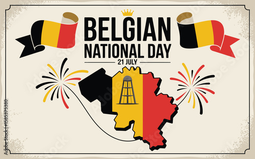 Belgian National Day celebration art features a map of Belgium, fireworks, and the colors of the Belgian flag.