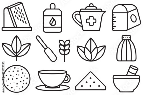 Collection of Black Outline Icons Representing Healthcare and Food Items medical drink