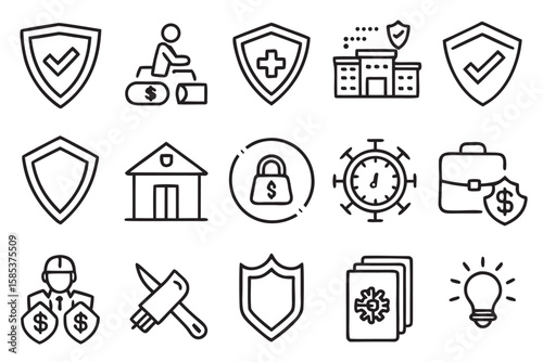 Collection of black outline icons representing security and finance concepts protection shield