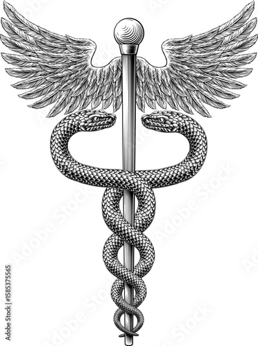 Caduceus staff of Hermes medical or commerce symbol. Snakes around a winged rod. Often used in place of the rod of Asclepius doctor icon for medicine and health care. Vintage woodcut etching style.