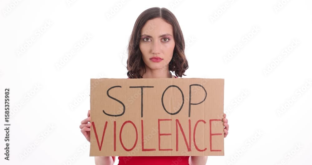 Young woman shows Stop Violence cardboard placard on white background. Brunette female activist protests cruel attitude and actions with banner Young woman shows Stop Violence cardboard placard on white background. Brunette female activist protests cruel attitude and actions with banner