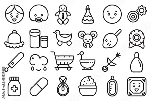Collection of Black Outline Icons Representing Various Objects and Concepts black and white