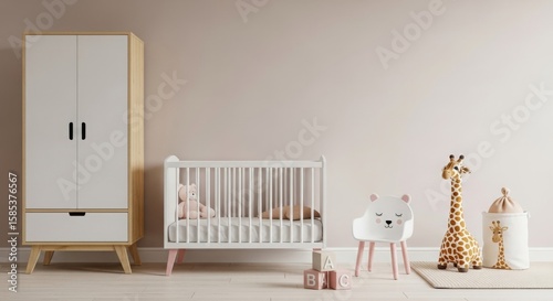 Modern nursery featuring a white crib, playful decor, soft colors, and a cozy atmosphere