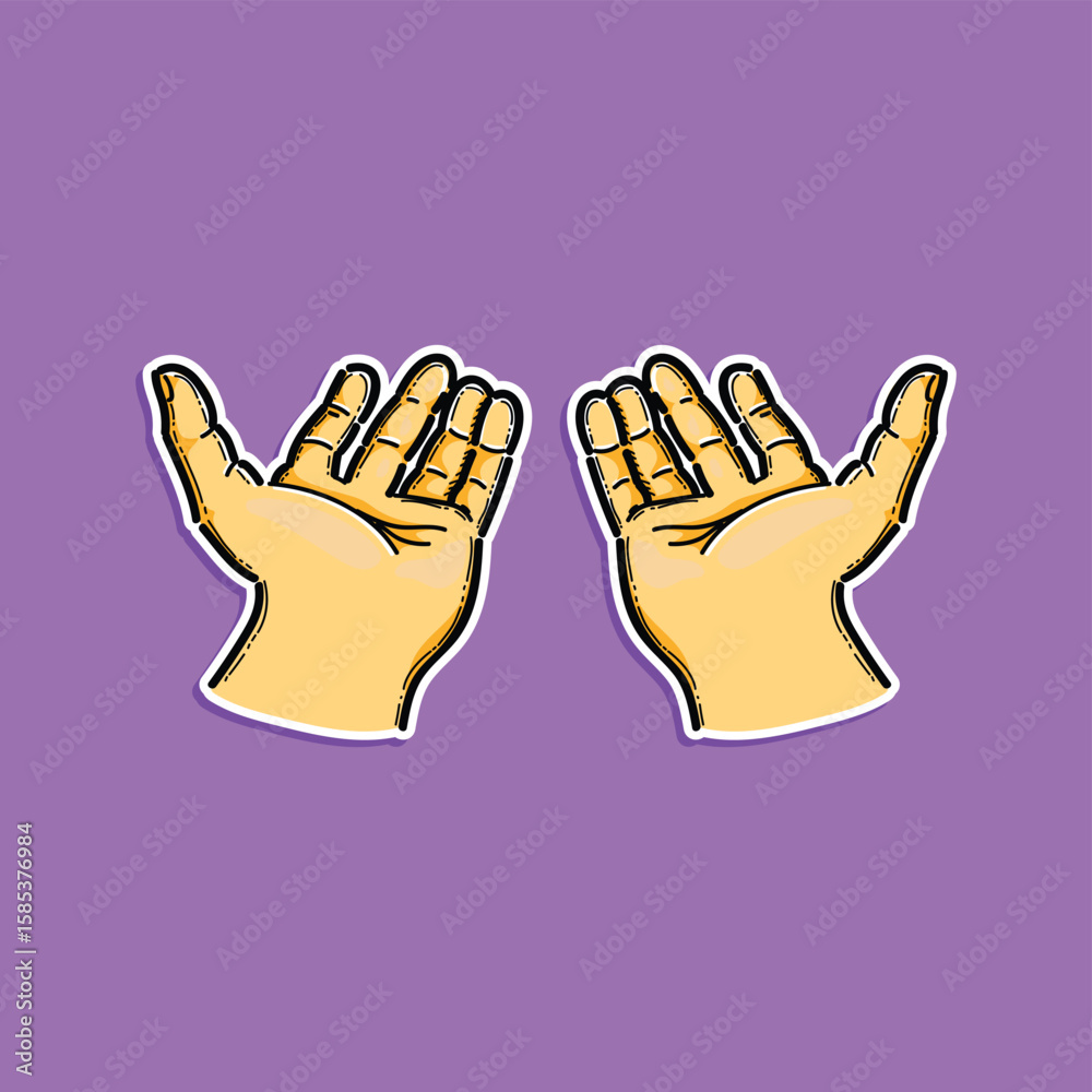 Obraz premium Illustration of two open hands in a cartoon style displayed on a vibrant purple backdrop. Perfect for visual communication, concepts of giving, receiving, or connection in graphic designs.