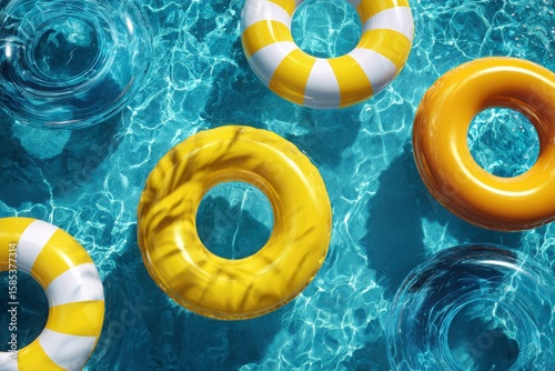 A colorful assortment of pool floats, including yellow and striped varieties, float serenely on the turquoise water, surrounded by glimmers of sunlight and reflections.