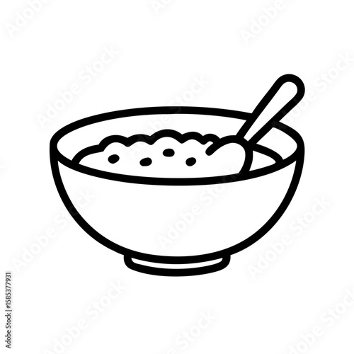 Oatmeal bowl with spoon in minimal line art style on transparent  background  