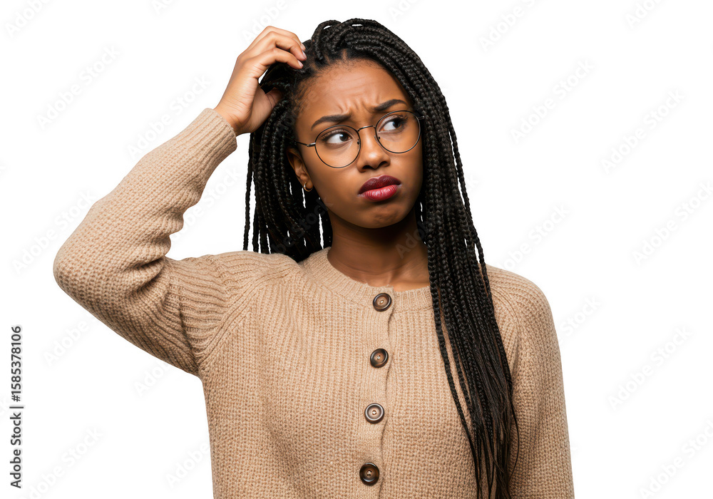 Obraz premium A young woman looking confused and thinking hard isolated on transparent background, expressing doubt and uncertainty with a puzzled expression