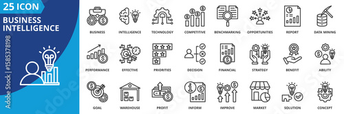 business intelligence icon set collection in outline style. an icon pack contain technology,  competitive,  benchmarking,  opportunities,  performance,  effective,  priorities,  report, strategy