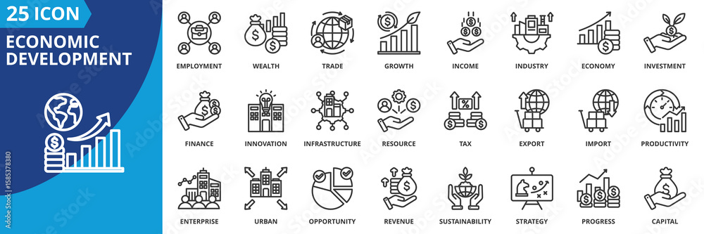 Naklejka premium economic development icon set collection in outline style. an icon pack contain finance, growth, investment, income, wealth, industry, trade, employment, innovation, productivity