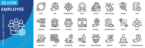 employee icon set collection in outline style. an icon pack contain industry, worker, staff, team, job, hiring, office, task, shift, payroll, support, training, performance, contract, engagement