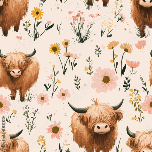Watercolor illustration of Highland cows in a seamless floral pattern.